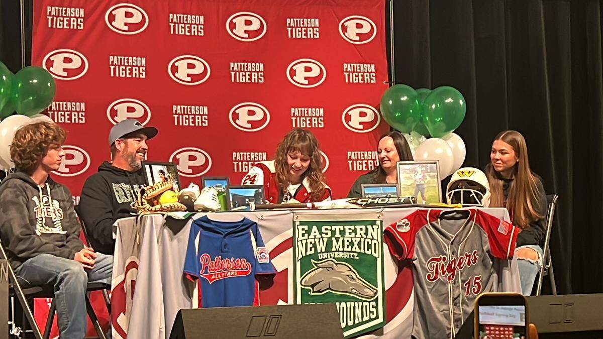 Patterson softball player Haleigh Pearce signed with NCAA Division II Eastern New Mexico University on Friday, Feb. 2. She was the first athlete to sign in the school’s new Performing Arts Center