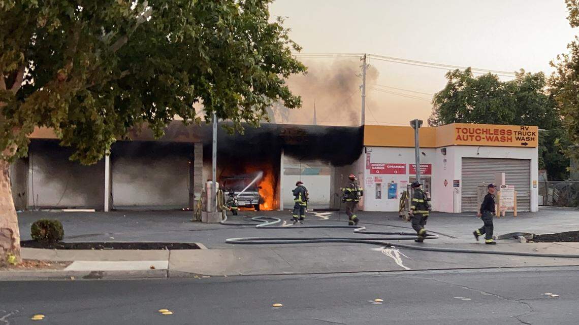 Fire Saturday night, Aug. 21, 2021, destroyed a van and damaged the Big Bear Car Wash near the intersection of Seventh Street and Tuolumne Boulevard.