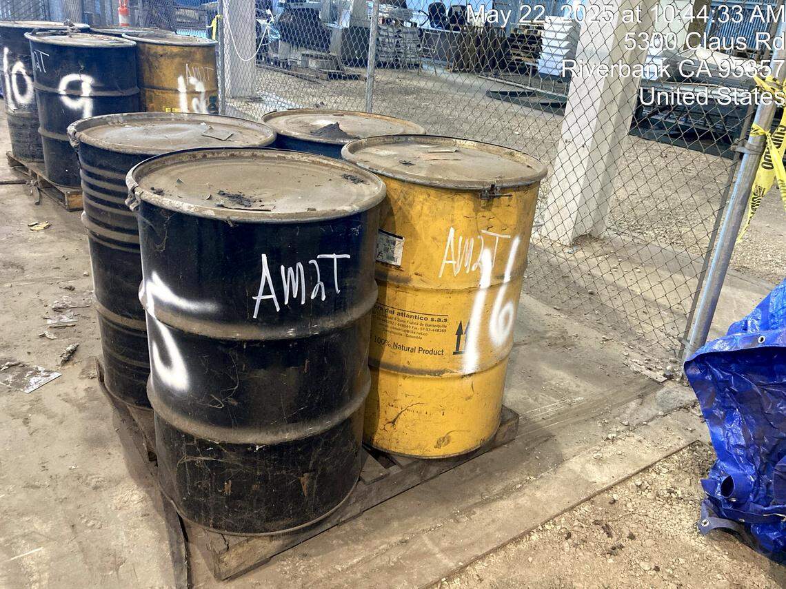 Barrels allegedly containing powdered aluminum and magnesium sit in a facility at the old Riverbank Army Ammunition Depot. Stanislaus County prosecutors allege these were the same type of barrels that were illegally dumped and caused an explosion that injured two sanitation workers.