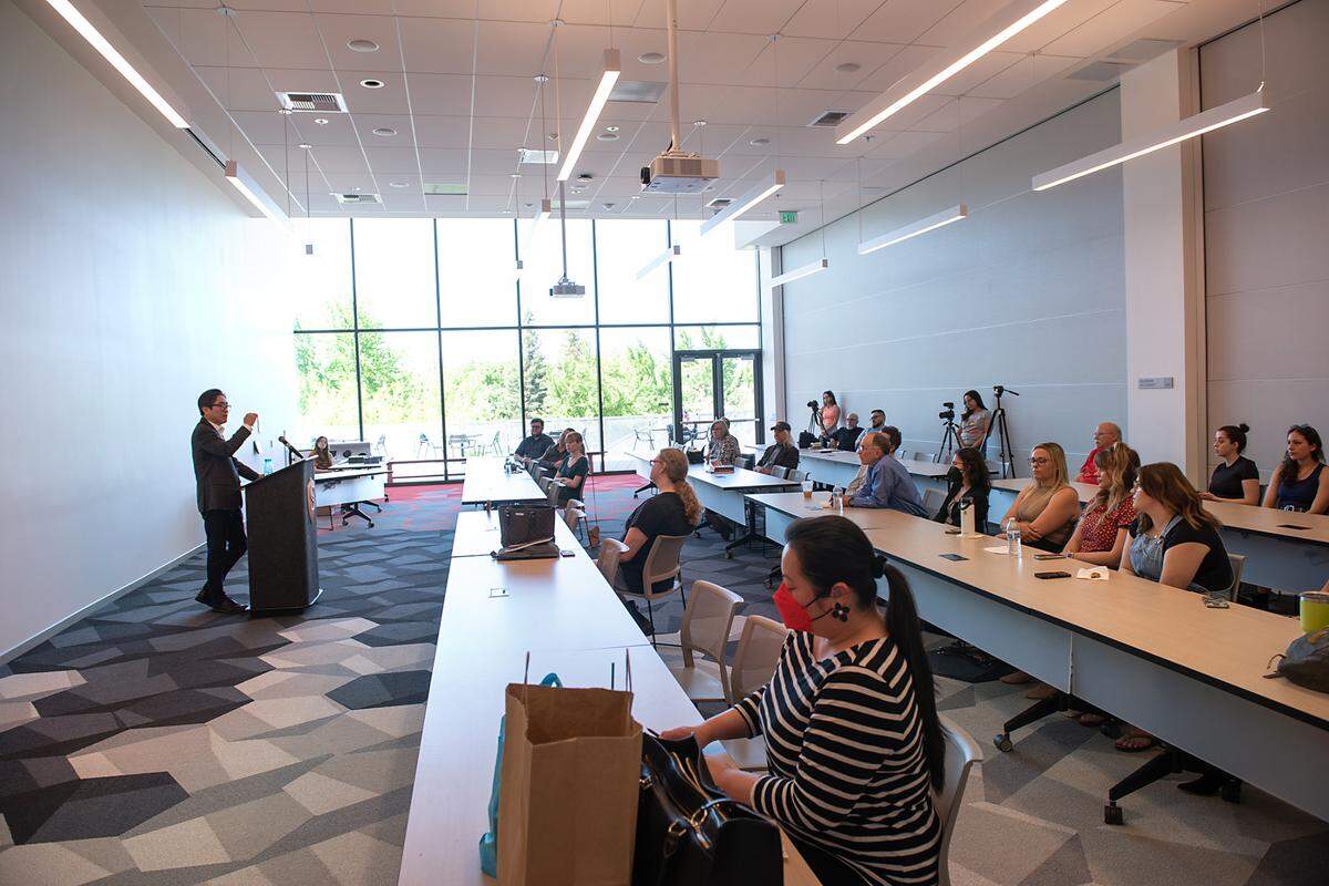 California Poet Laureate Lee Herrick speaks to students and faculty after a poetry reading at California State University, Stanislaus in Turlock, Calif., Tuesday, April 25, 2023. Herrick, an alumni of Stan State, was named the state’s poet laureate by Governor Gavin Newsom in November of last year.