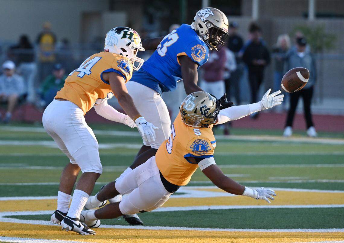 South’s Jaelen Nichols (5, Central Catholic) breaks up a pass during the Central California Lions All-Star Football Game at Tracy High School in Tracy, Calif., Saturday, June 24, 2023.