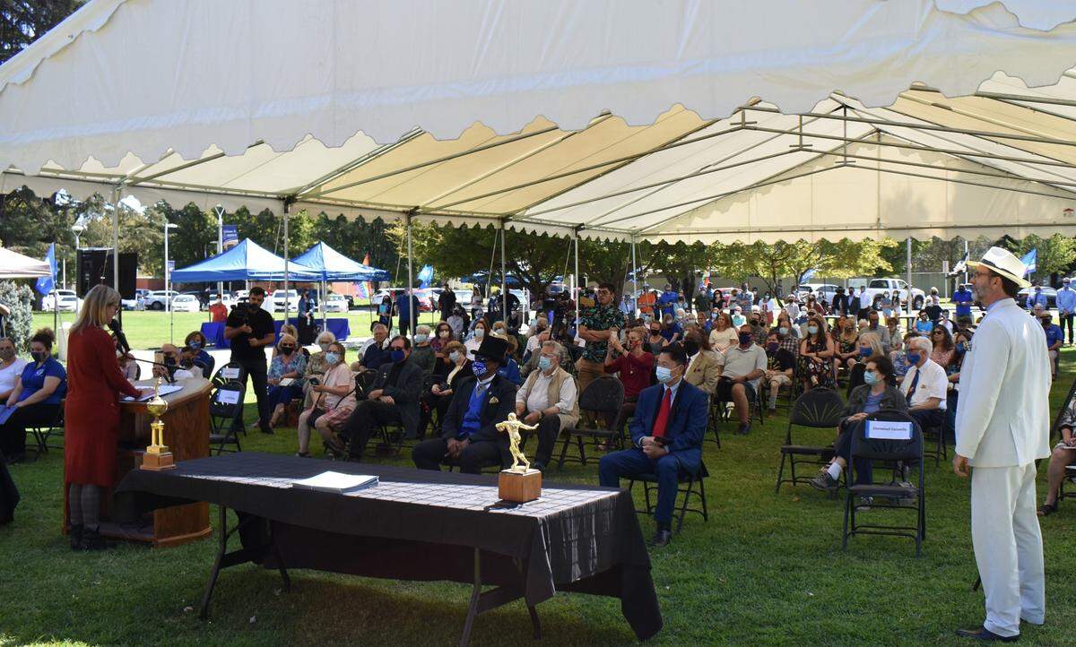 Yosemite Community College Board Member Leslie Beggs delivers remarks to the crowd during the Modesto Junior College Centennial Founders’ Day Celebration in the East Campus Quad on Sunday afternoon, Sept. 19, 2021.
