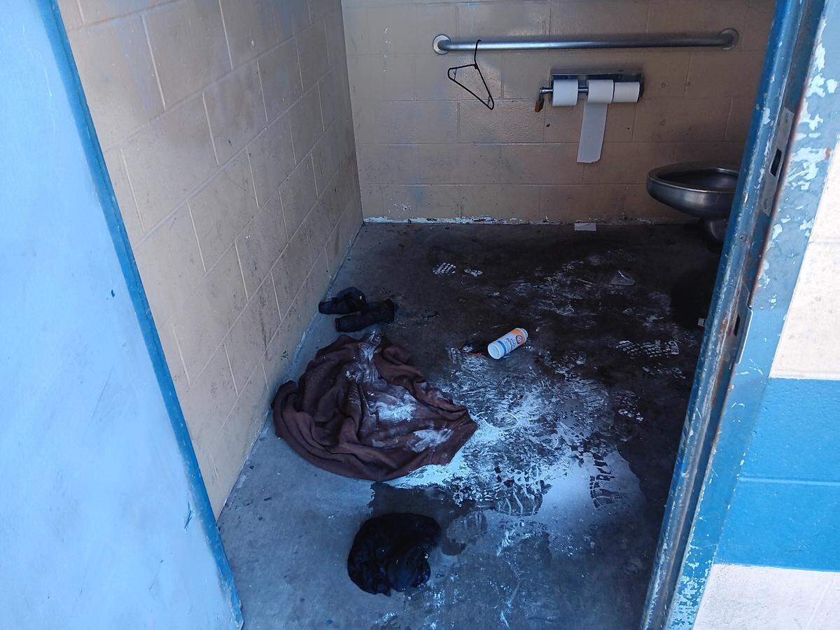 The bathroom at Modesto’s Pike Park is shown on Wednesday, Nov. 29, 2023. The city expects that hiring more rangers and park maintenance workers will reduce the misuse of park bathrooms.