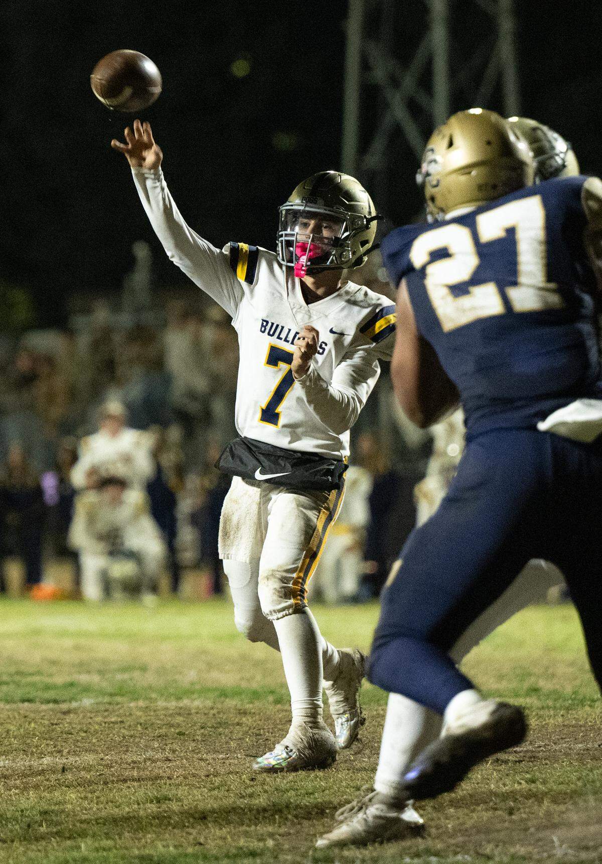 Turlock quarterback Scout Silva throws a 2-point conversion pass to Alex Ventura to win the game over Central Catholic on overtime in the Sac-Joaquin Section Division I playoff game at Central Catholic High School in Modesto, Friday, Nov. 15, 2024.