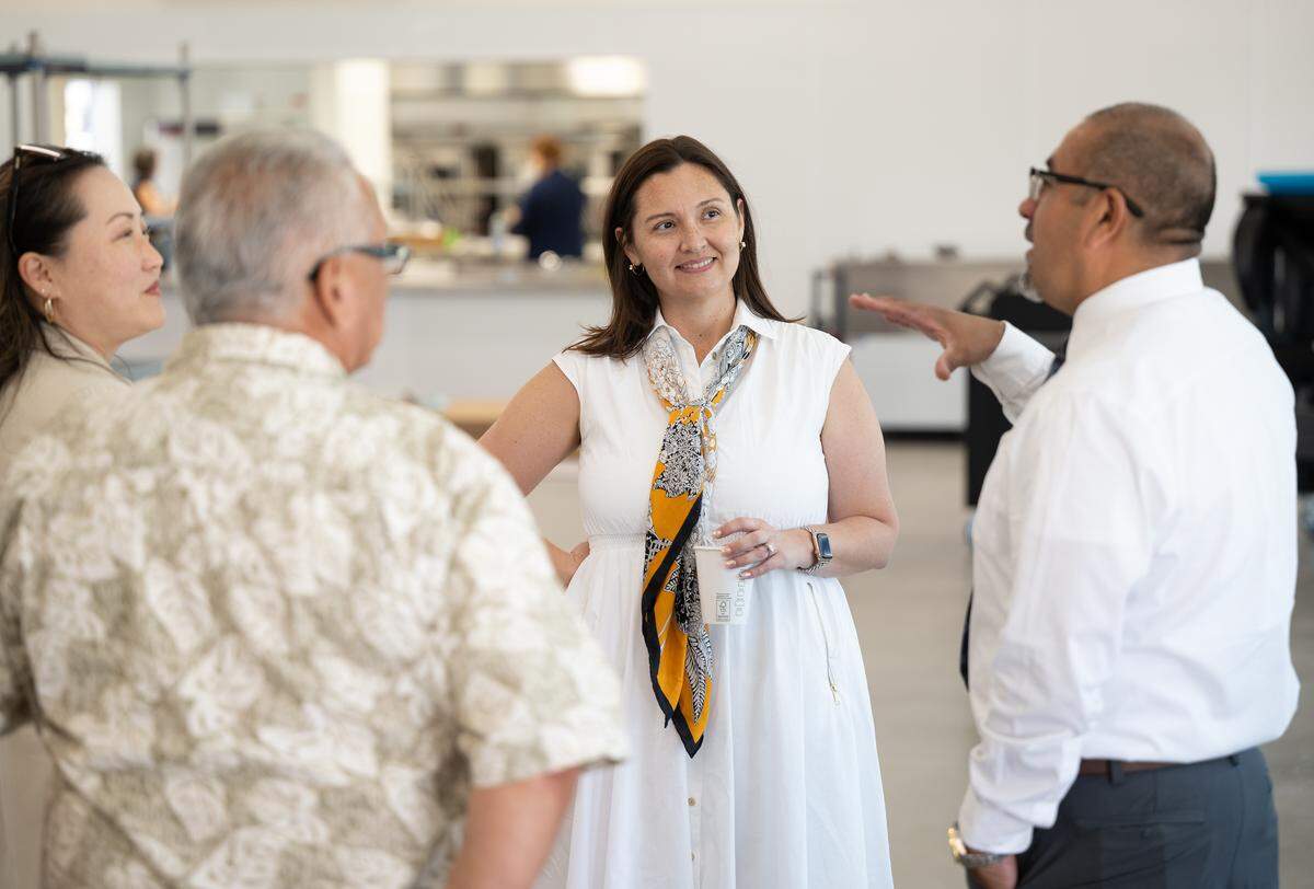 Modesto City Schools Superintendent Vanessa Buitrago, middle, speaks with Muir Elementary School principal Armando Medina, right, during the Modesto City Schools facilities tour in Modesto, Monday, Aug. 4, 2025.
