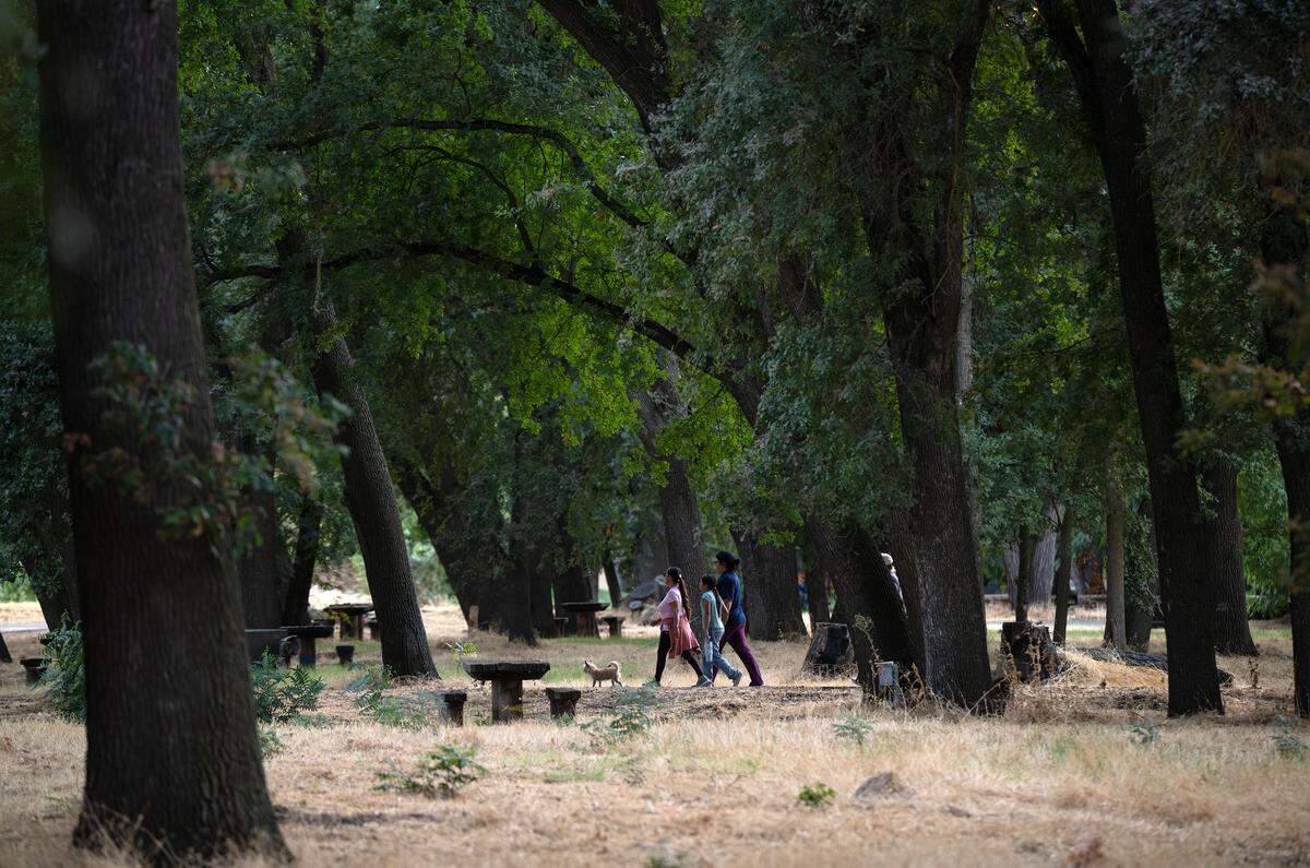 A family takes an evening walk at Tuolumne River Regional Park in Modesto, Wednesday, Sept. 10, 2025. 