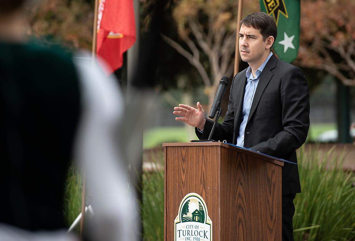 Congressman Josh Harder speaks to a small crowd during City of Turlock’s Veterans Day ceremony at the Turlock Regional Sports Complex in Turlock ,Calif., on Thursday, Nov. 11, 2021.