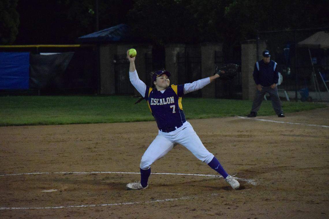 Escalon senior pitcher Arabella Strach delivers a pitch in the Cougars’ 11-6 win over Linden in the CIF Sac-Joaquin Section Division V Championship on Tuesday, May 21, 2019 at the Arnaiz Softball Complex in Stockton, California.