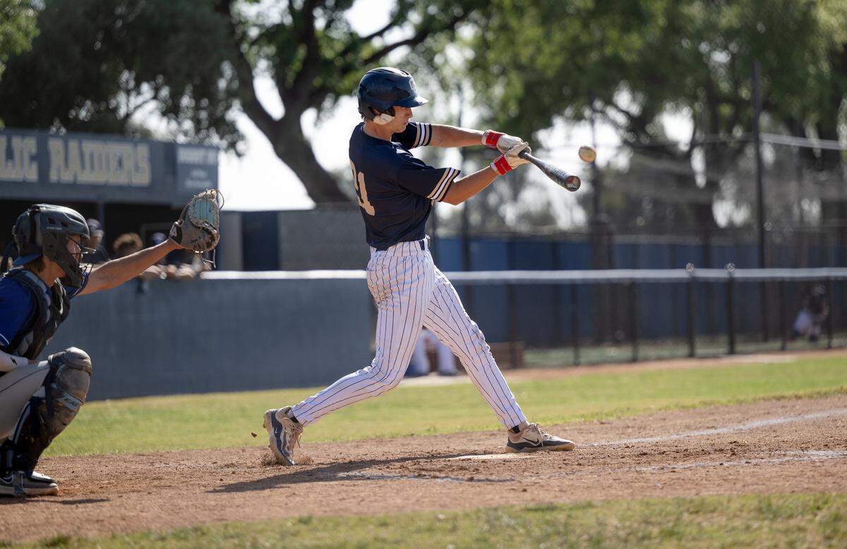 Central Catholic’s Jacob Kiesel drives a base hit during the Sac-Joaquin Section Division 3 playoff game with Bear Creek at Central Catholic High School in Modesto, Wednesday, May 7, 2025. Central won the game 10-6.