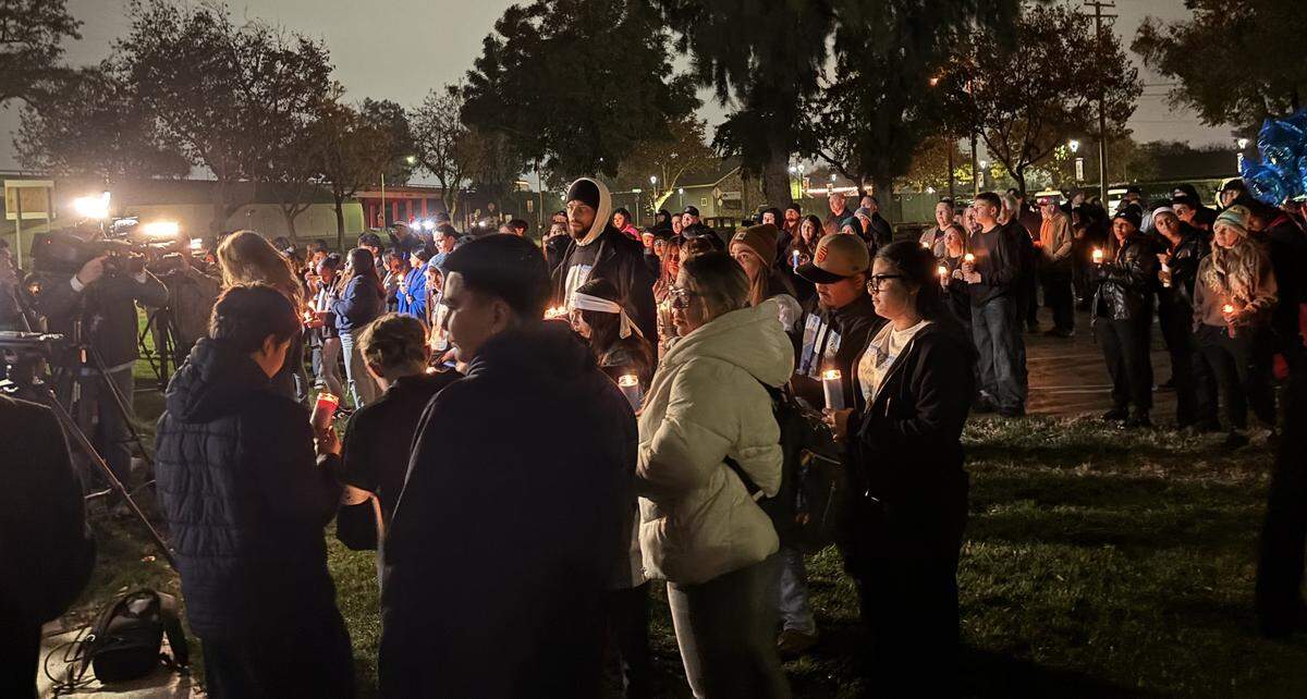 Mourners gather at a vigil in Ceres for homicide victim Amari Peterson of Modesto on Tuesday, Dec. 9, 2025.