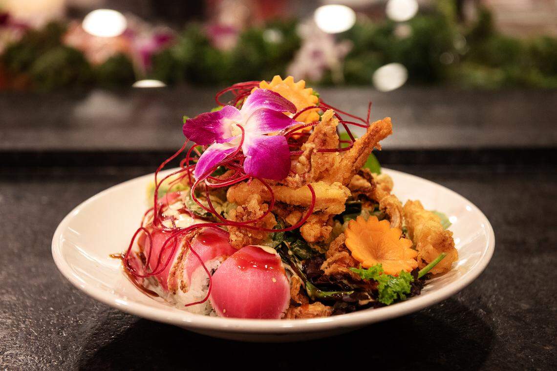 Super Bowl of sushi at Torii Japanese Restaurant at Century Center in Modesto, Calif., on Thursday, Nov. 12, 2020. The Super Bowl is seared tuna roll, spicy crab, tempura shrimp, calamari, avocado, jalepeno with greens.