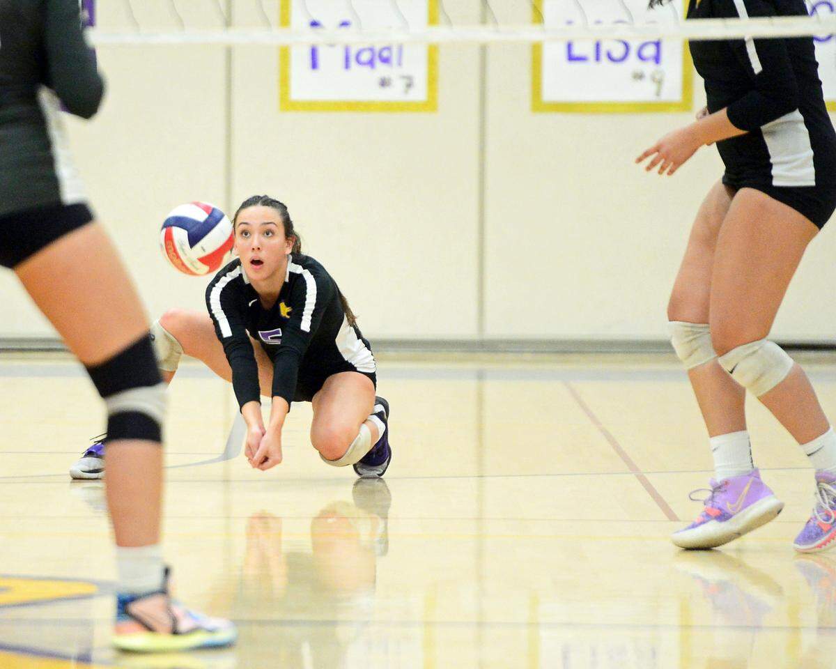 Escalon’s Emily Vickers (5) digs the ball during a CIF San-Joaquin Division III Girls Volleyball Playoffs game between Escalon High School and Ponderosa High School at Escalon High School in Escalon CA on November 1, 2022. Escalon won the match 3-2.