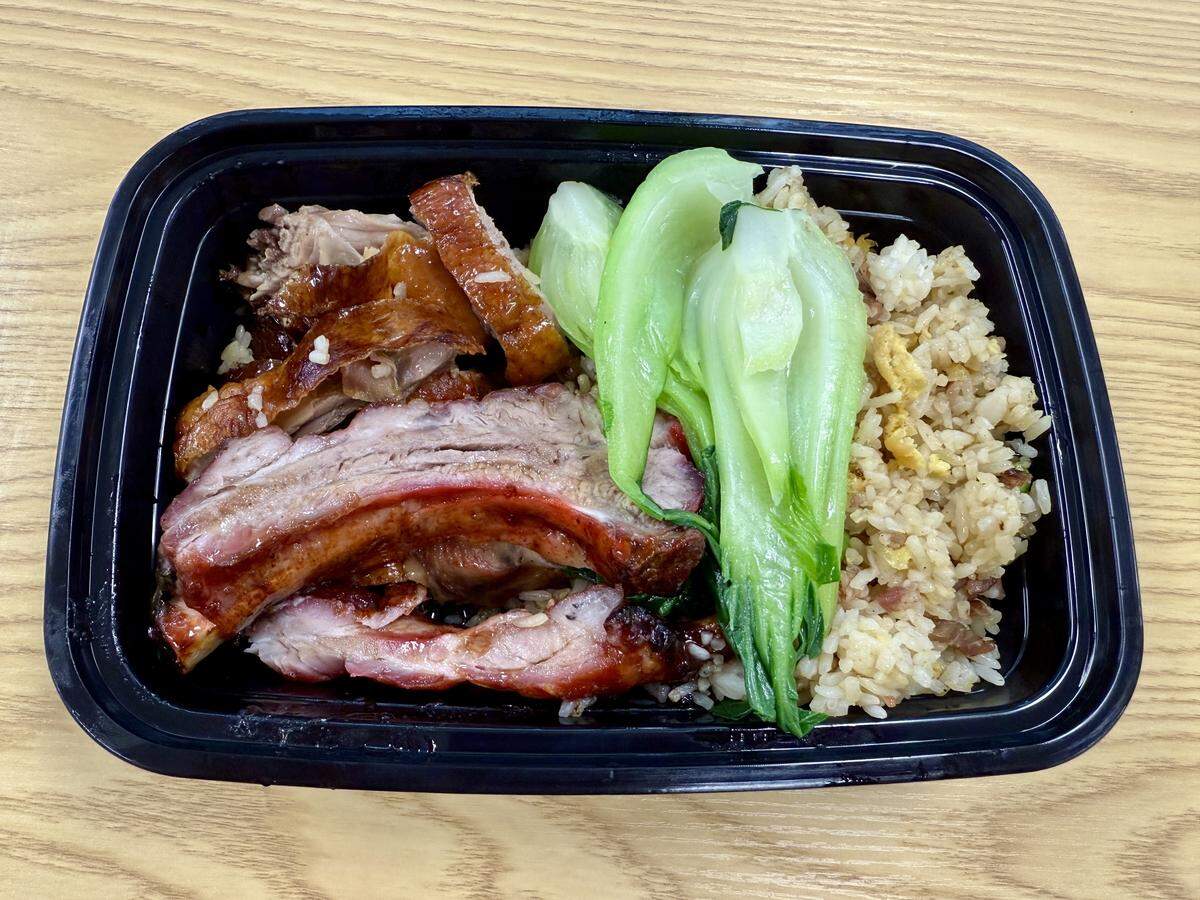 A two-meat barbecue combo at Fat Boy Roasted Delights in Modesto, Calif., with roasted duck and barbecue spare ribs.