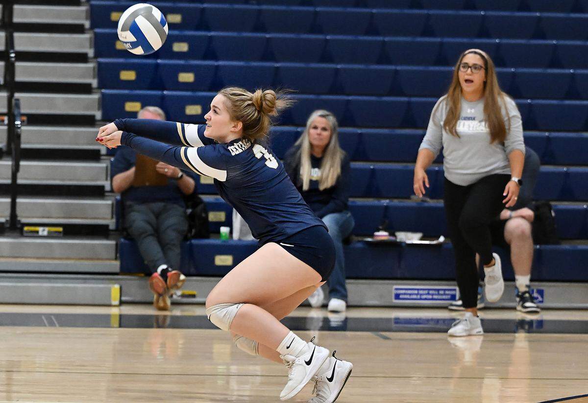 Central Catholic’s Ashleigh Nunes returns the ball during the first round D3 playoff game with Linden at Central Catholic High School in Modesto, Calif., Tuesday, Oct. 24, 2023.