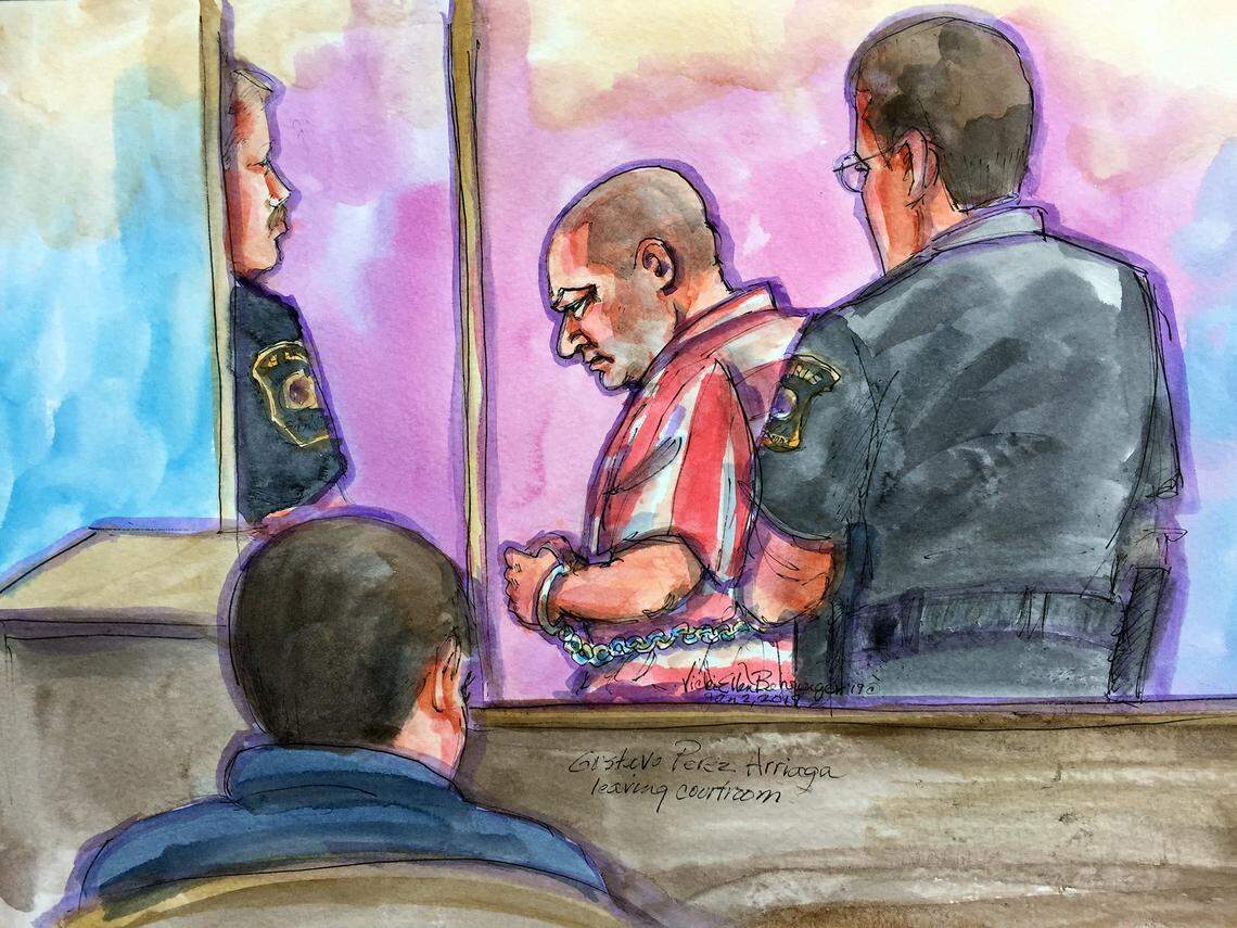Courtroom artist sketch of Paulo Virgen Mendoza leaving department 8 of the Stanislaus County Superior courthouse after a hearing Wednesday January 2, 2019 in Modesto, Calif. Mendoza is a suspect in the shooting death of Newman Police Cpl. Ronil Singh that occurred on December 26th.
