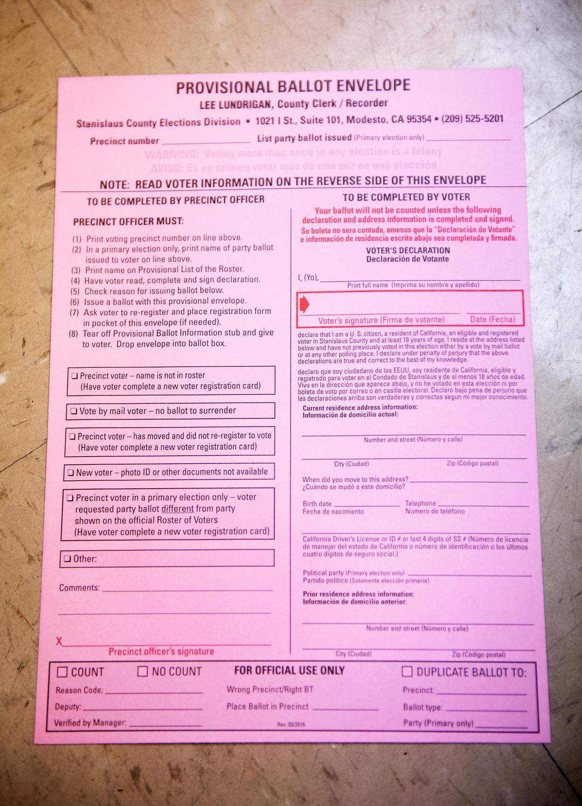 Provisional ballot envelope at the Stanislaus County Clerk Recorders office  in Modesto, Calif., Wednesday, Nov. 7, 2018. 