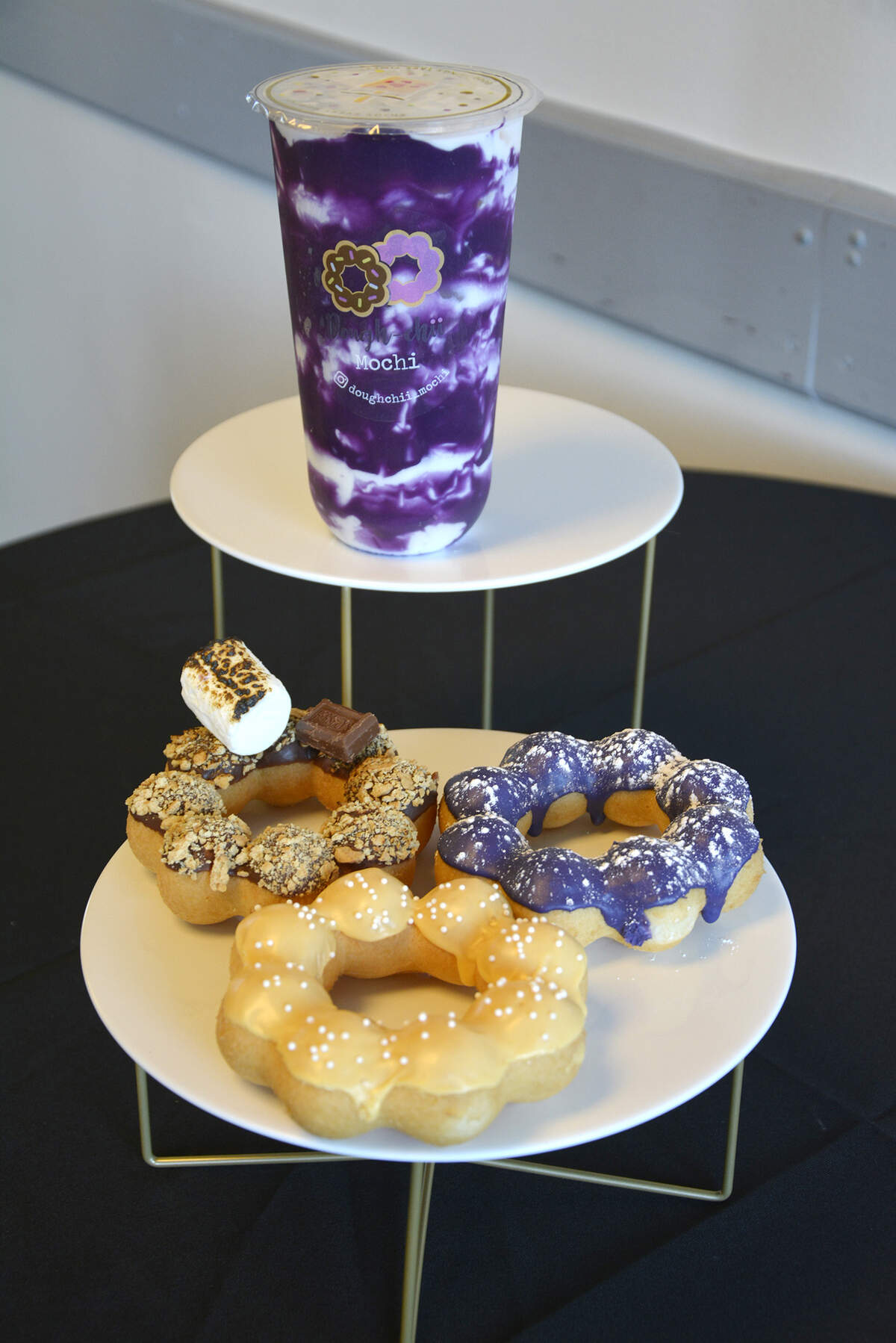 Mochi donuts and a milk tea drink from Dough-chii Mochi in Salida, Calif. April 24, 2021.