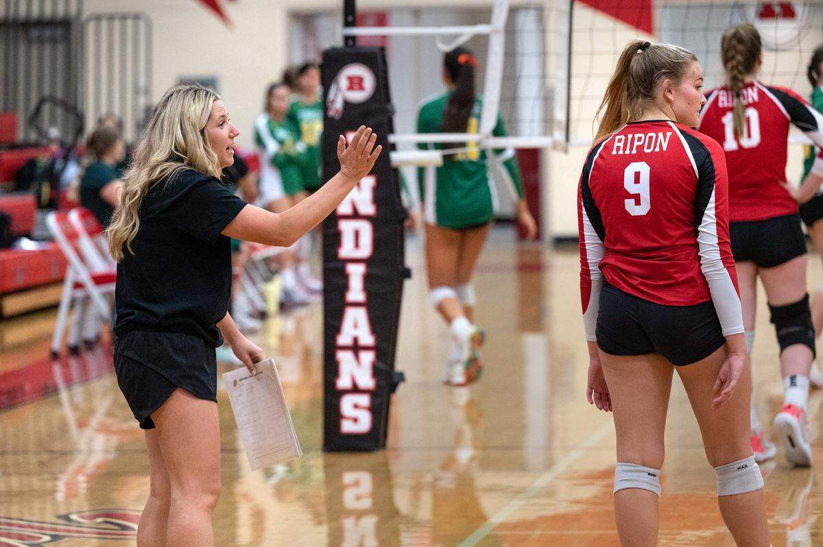 Ripon head coach Casey Kresge directs her players during non-league match with Tracy in Ripon, Calif., on Thursday, September 22, 2022.