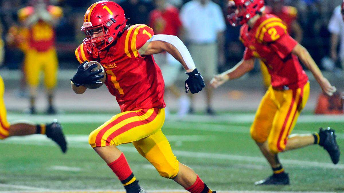 Oakdale running back Gabe McDonald (3) sprints up field on his way to score a touchdown during a game between Oakdale and Enochs at Oakdale High School in Oakdale CA on September 23, 2022.
