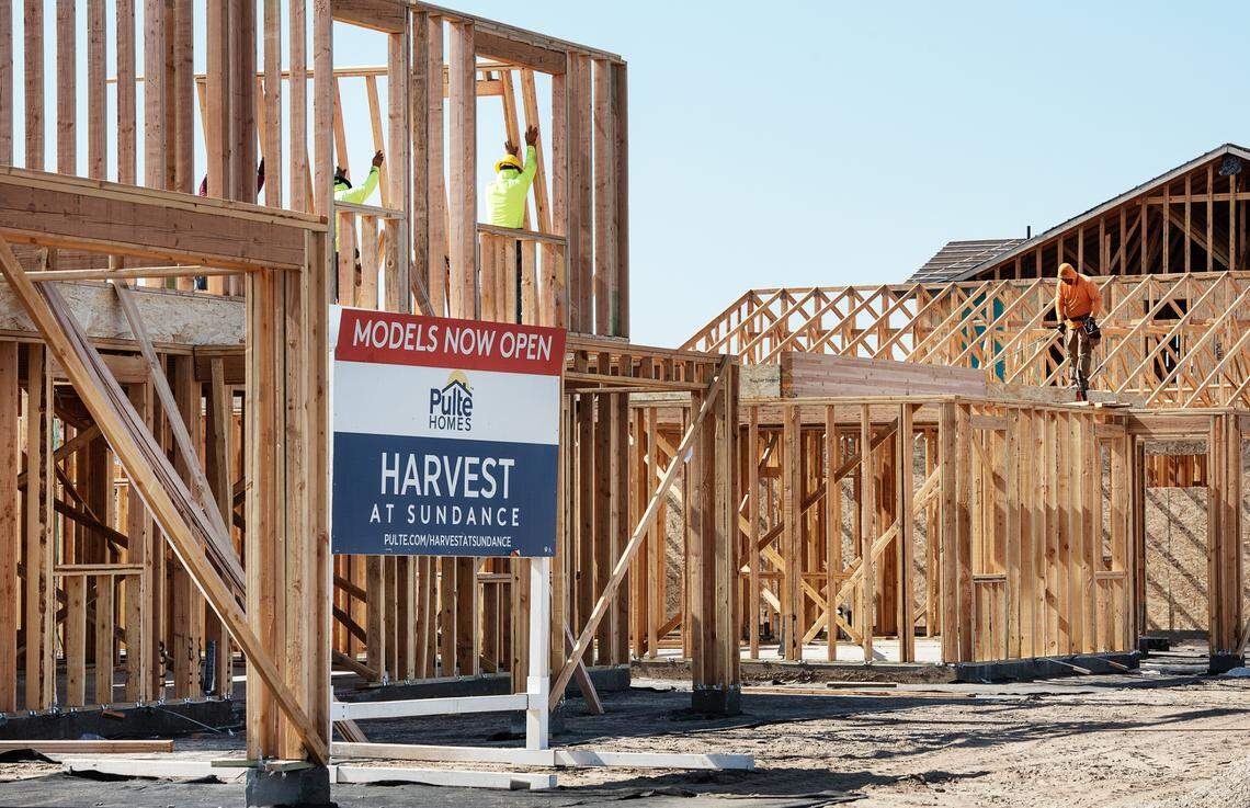 New home construction by Pulte Homes in southwest Manteca, Calif., on Monday, July 19, 2021.