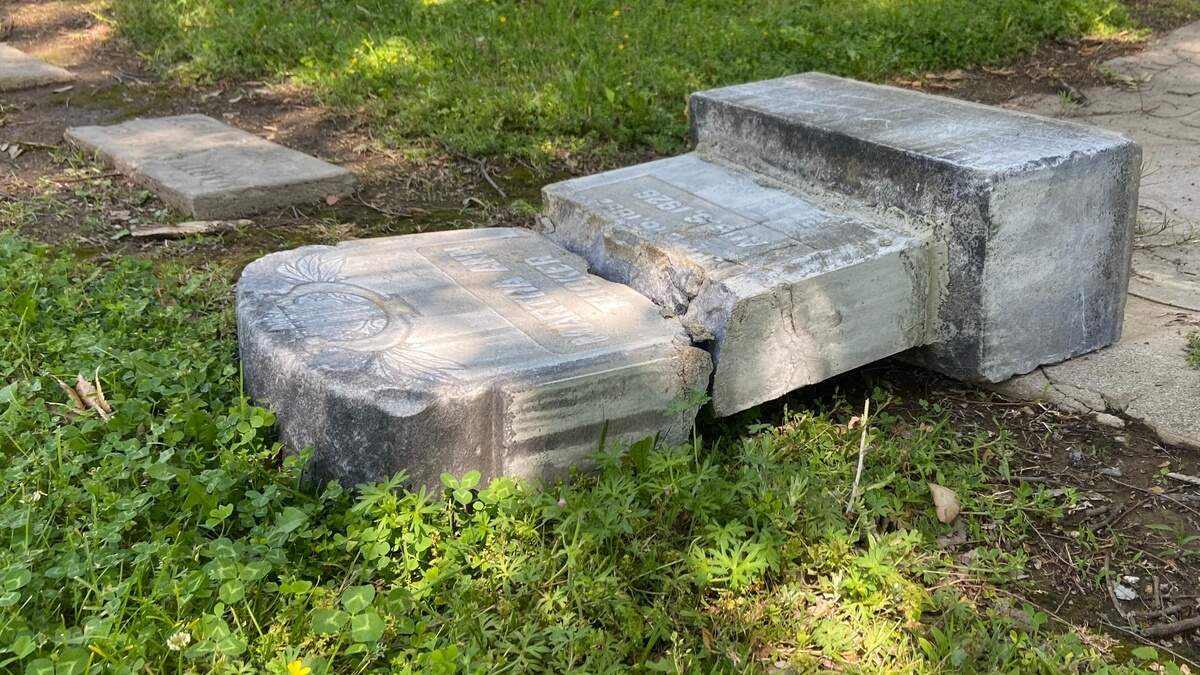 Headstones were knocked over and broken in mid-April 2022 at Modesto Citizens Cemetery.