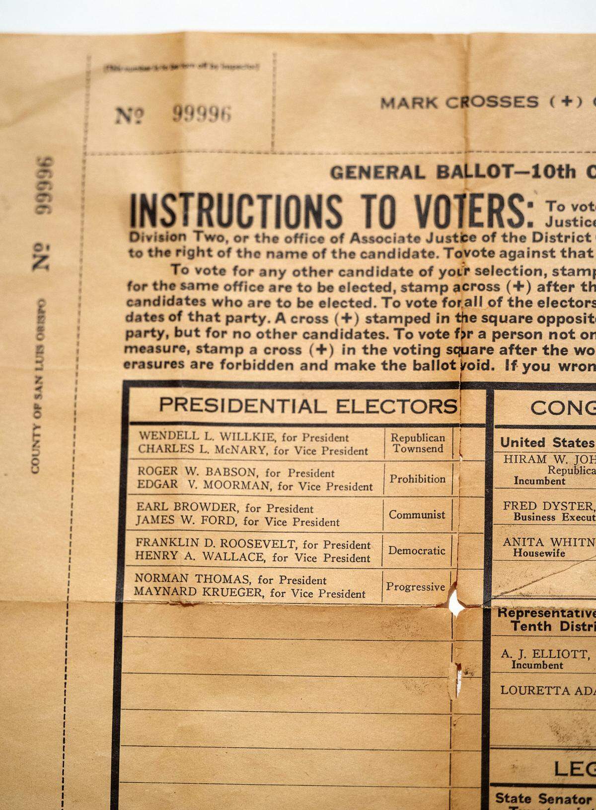 A sample ballot from San Luis Obispo County circa 1940 in the “California Votes: Exercise Your Right!” exhibit at the McHenry Museum in Modesto, Sept. 27, 2024. 