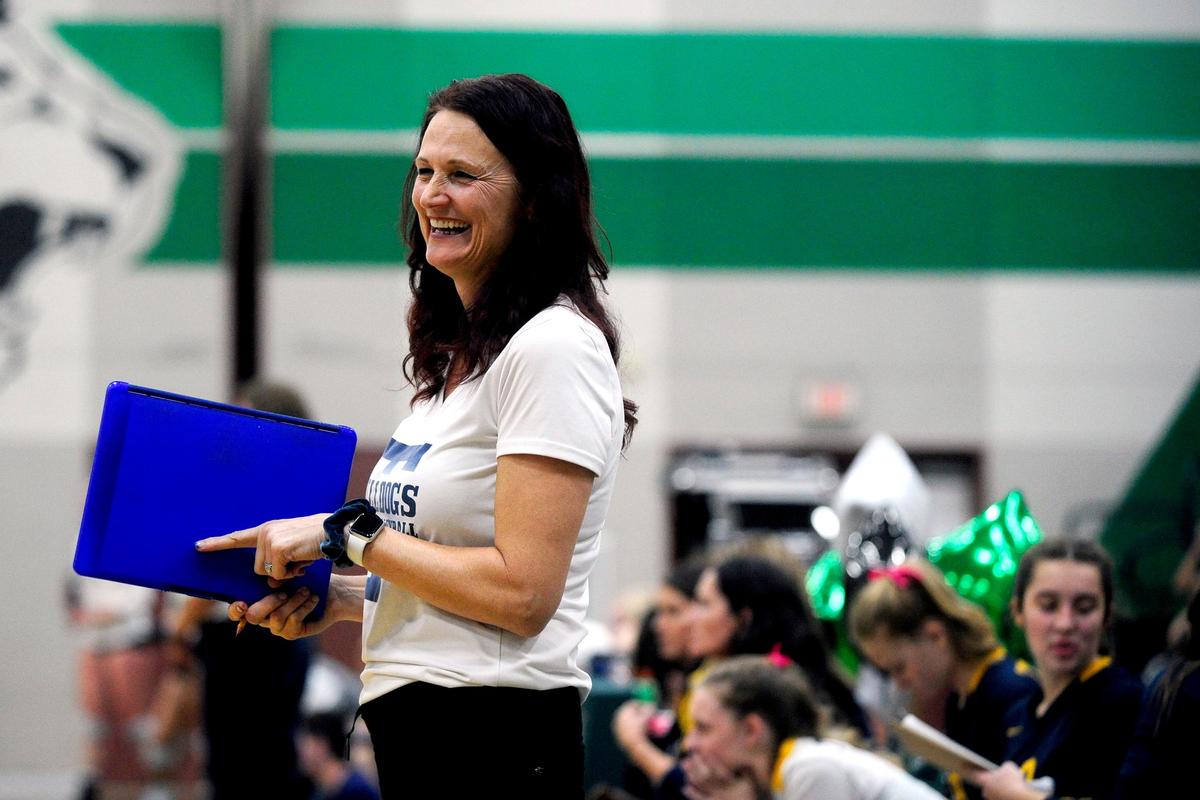 Turlock head coach Amber Lugo smiles during the senior night, crosstown volleyball matchup of Turlock High at Pitman High, on Monday, Oct., 15 in Turlock, California.