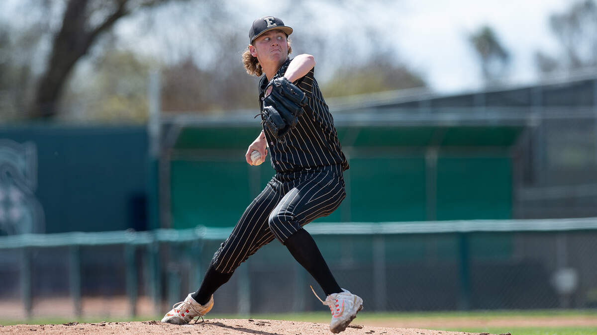 Enochs pitcher Kannon Sharpe delivers a pitch during a showcase game with Turlock at John Thurman Field in Modesto, Calif., Friday, March 31, 2023.