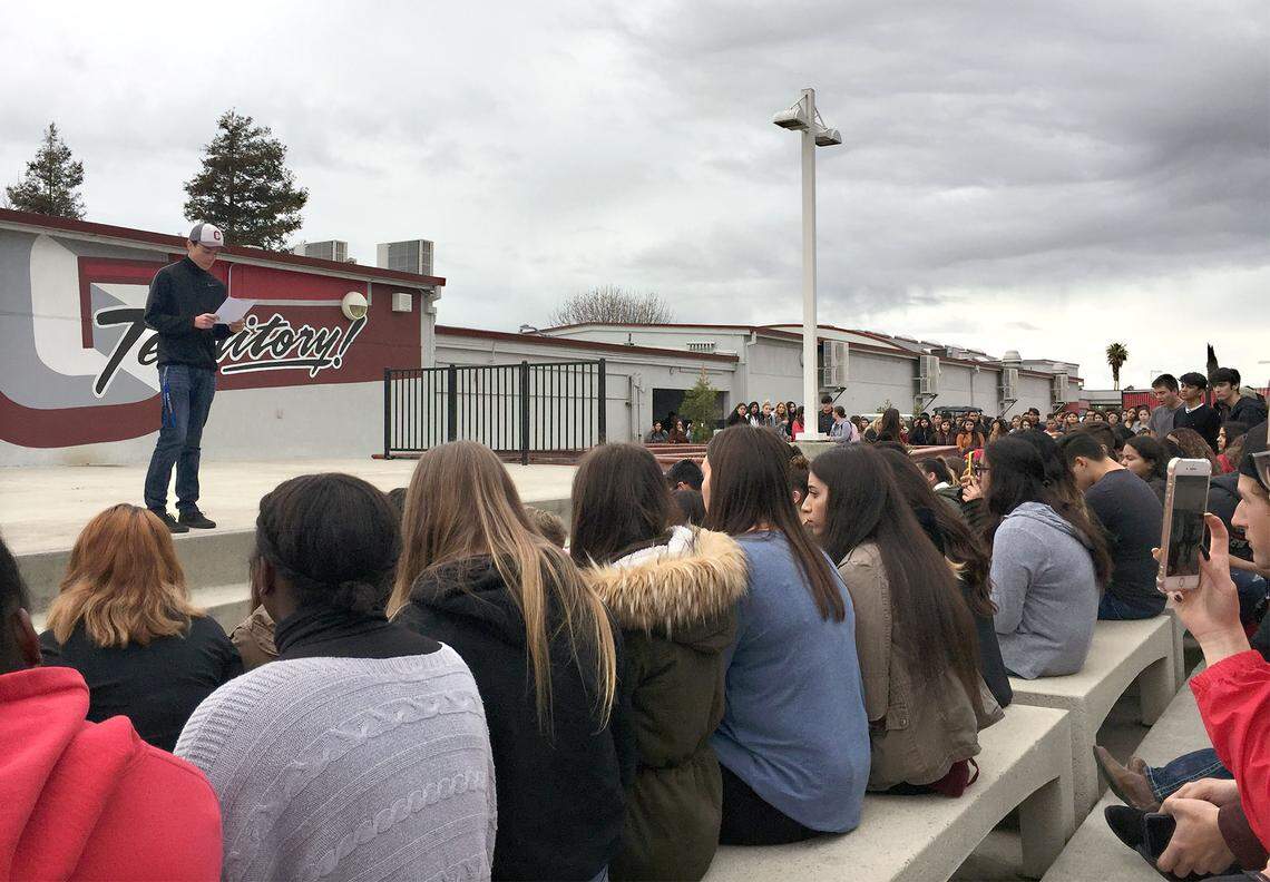 One of three student speakers is pictured at a demonstration on the Ceres High School campus Wednesday March 14, 2018 in Ceres, Calif. Ceres High participated in the national school walkout seeking better gun control and safer schools.