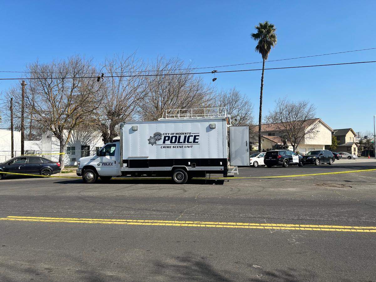 Modesto, Calif. police investigate a stabbing on South Washington Street Tuesday, Feb. 8, 2022.