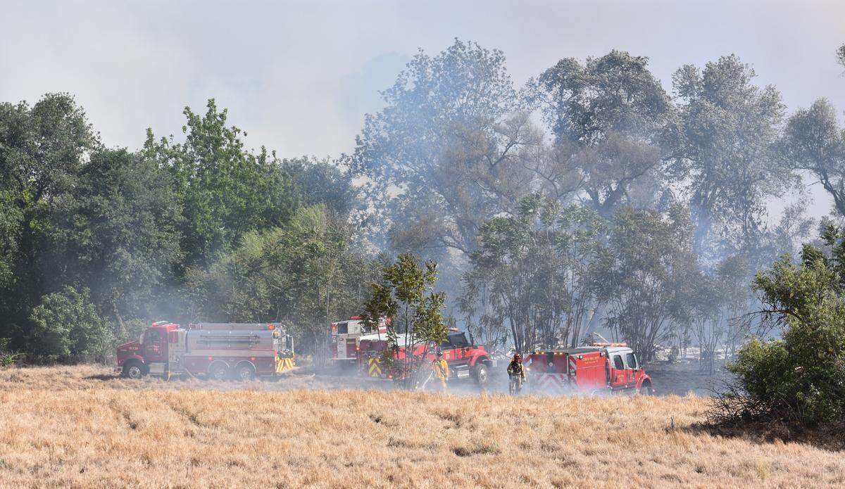 Firefighters from across Stanislaus County battle a vegetation fire near Modesto’s airport neighborhood on Monday afternoon, May 2, 2022.