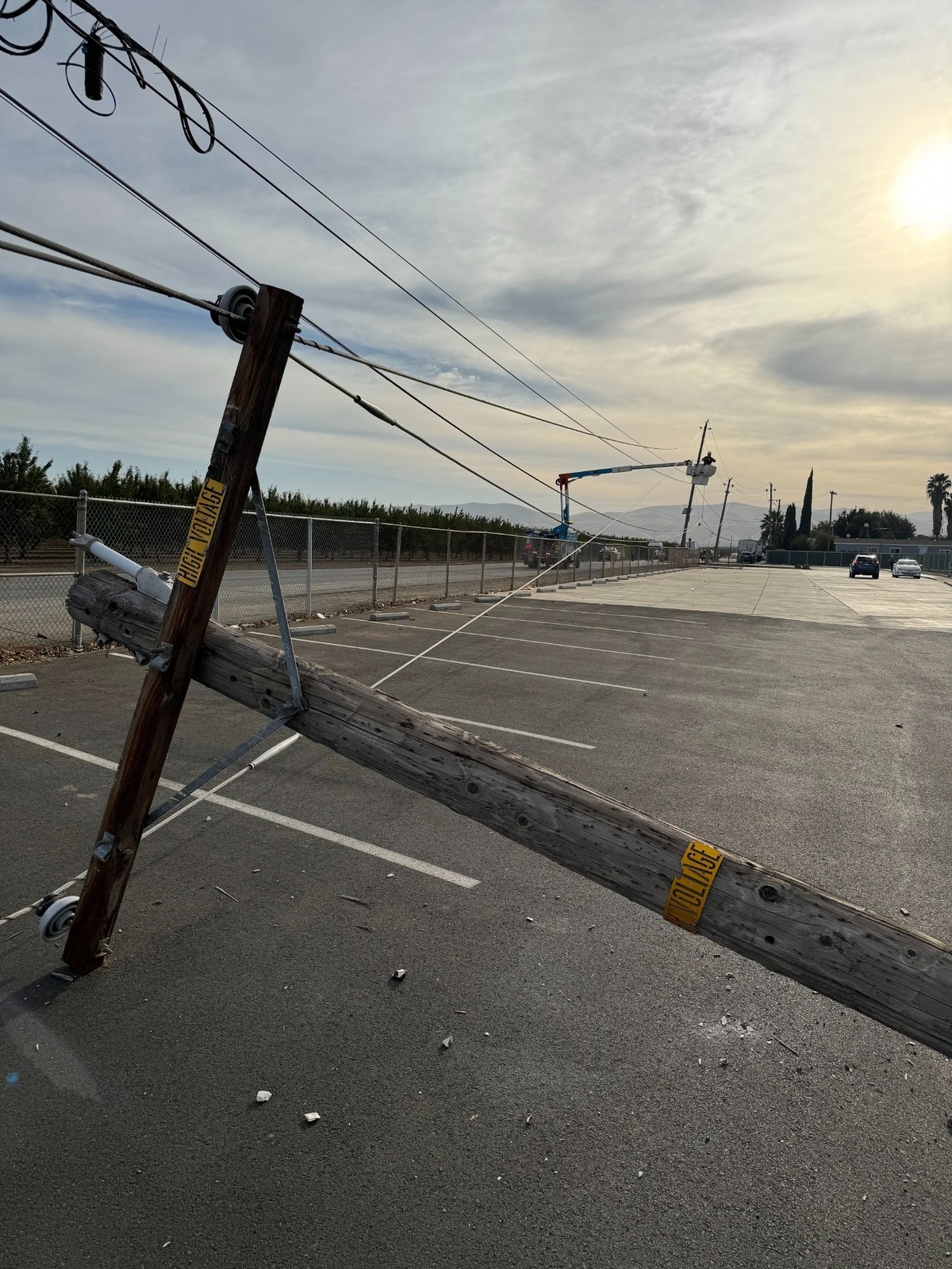 Downed power lines in the parking lot of Grayson Elementary School in Westley.