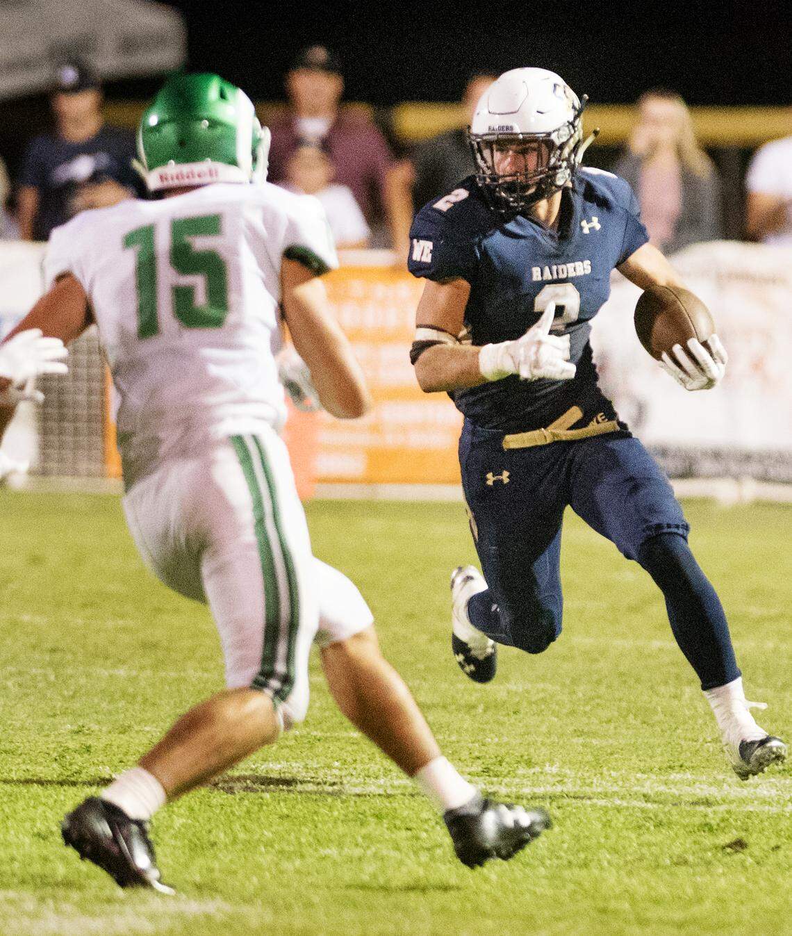 Central Catholic’s Kyle Jacklich returns a kick during the Holy Bowl game with St. Mary’s at Central Catholic High School in Modesto , Calif., August 31, 2018. 