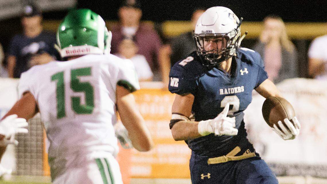 Central Catholic’s Kyle Jacklich returns a kick during the Holy Bowl game with St. Mary’s at Central Catholic High School in Modesto , Calif., August 31, 2018. 
