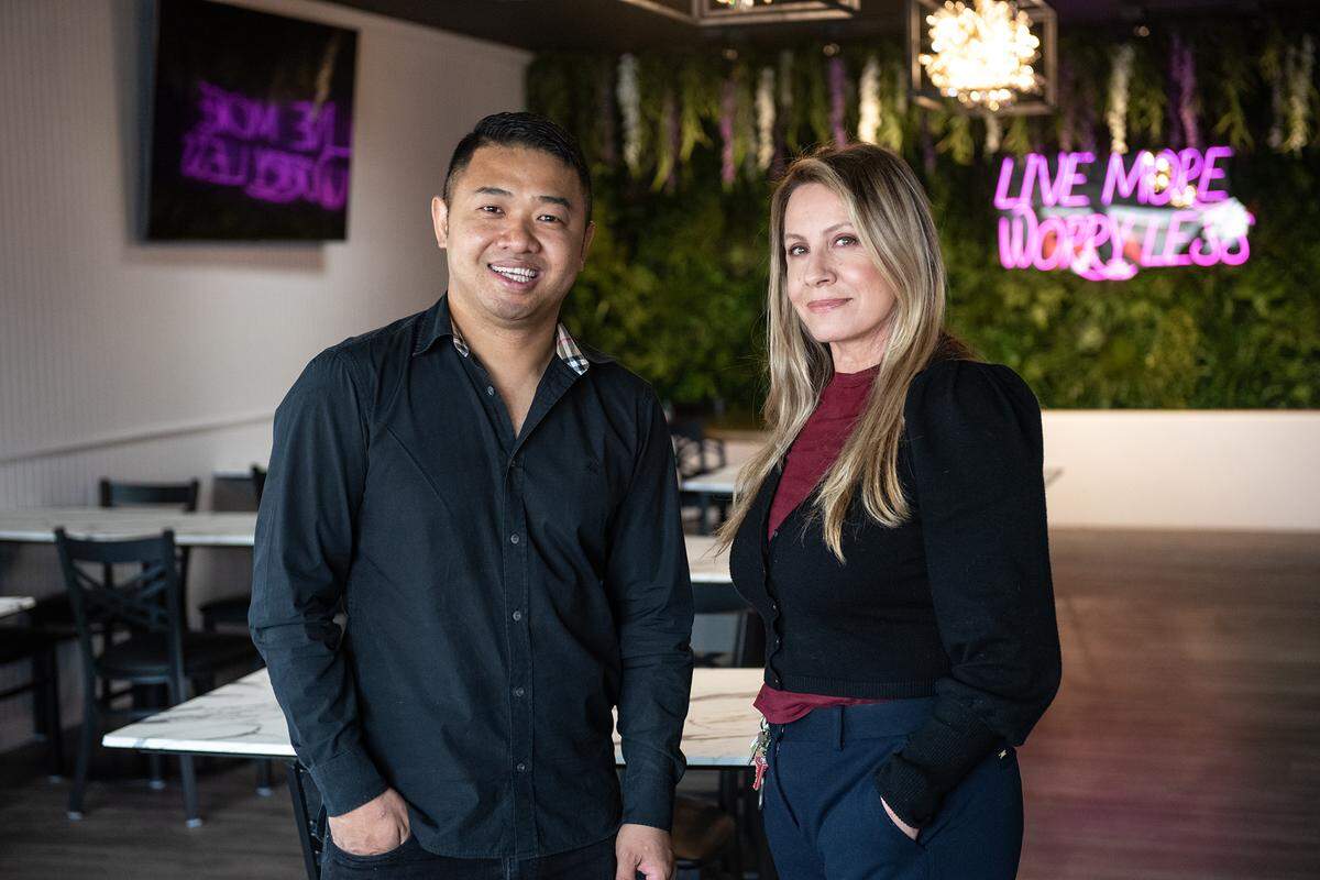 Owners Andy Chhay, left, and Norma Moreno at The Secret Garden restaurant and lounge in Modesto, Calif., on Thursday, May 19, 2022.
