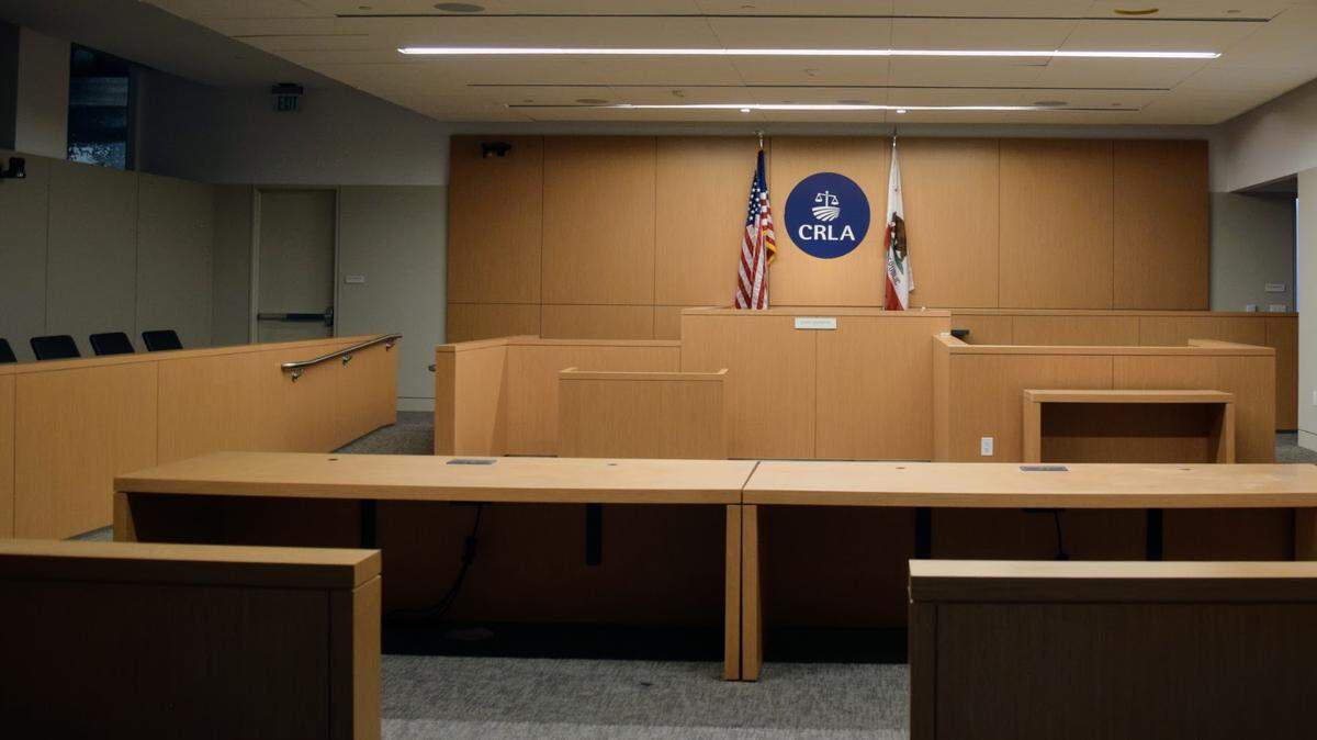 A mock courtroom at the new California Rural Legal Assistance headquarters in Modesto, pictured on June 5, 2025.