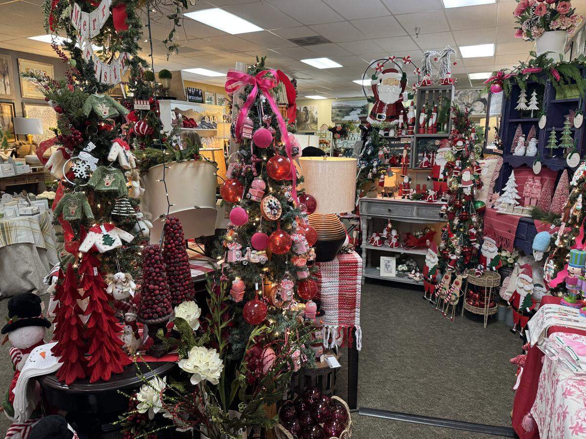 Pink-adorned Christmas trees at Farmer’s Daughter in McHenry Village in Modesto.