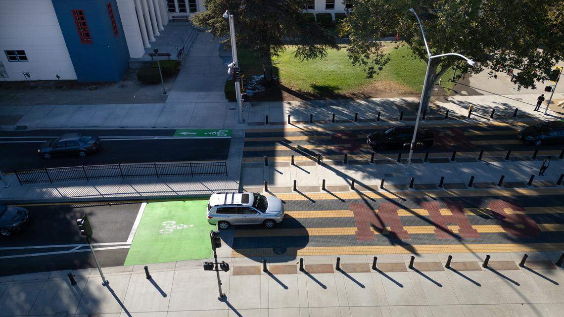 Modesto High School in Modesto, Calif., Tuesday, Aug. 20, 2024. The city recently upgraded Paradise Road: reduced vehicle traffic to two lanes added bicycle lanes and improved the crosswalk in front of the school.
