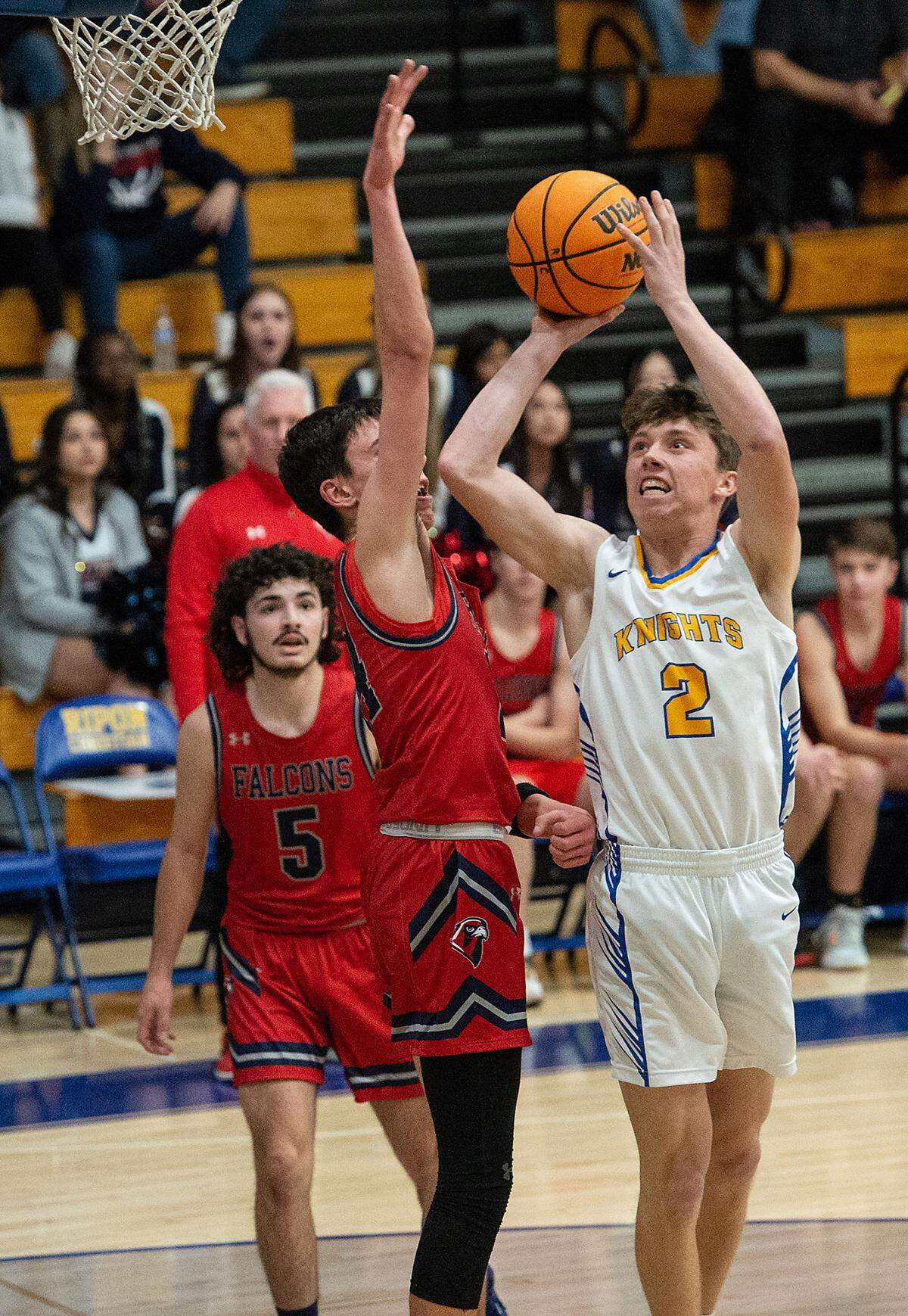 Ripon Christian’s Derek Van Elderen scores close to the basket during the Sac-Joaquin Section Division V semifinal game with Vacaville Christian at Ripon Christian High School in Ripon, Calif., Wednesday, Feb. 22, 2023.
