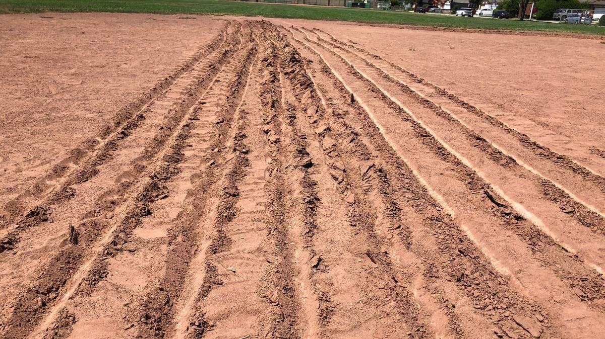 Disced baseball field of LeBright Park in Hughson, CA on July 3, 2020.
