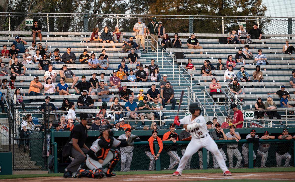 Opening day of baseball with the Modesto Nuts and the San Jose Giants at John Thurman Field in Modesto, Calif., on Friday, April 8, 2022. Attendance for the California League game was 2,821.