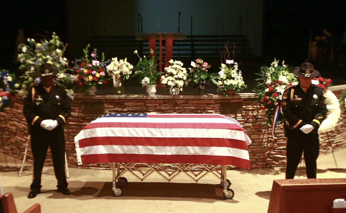 The casket of Stanislaus County Sheriff’s deputy Antonio “Tony” Hinostroza is pictured at The House Modesto Thursday morning December 6, 2018 before the start of his funeral service in Modesto, Calif.