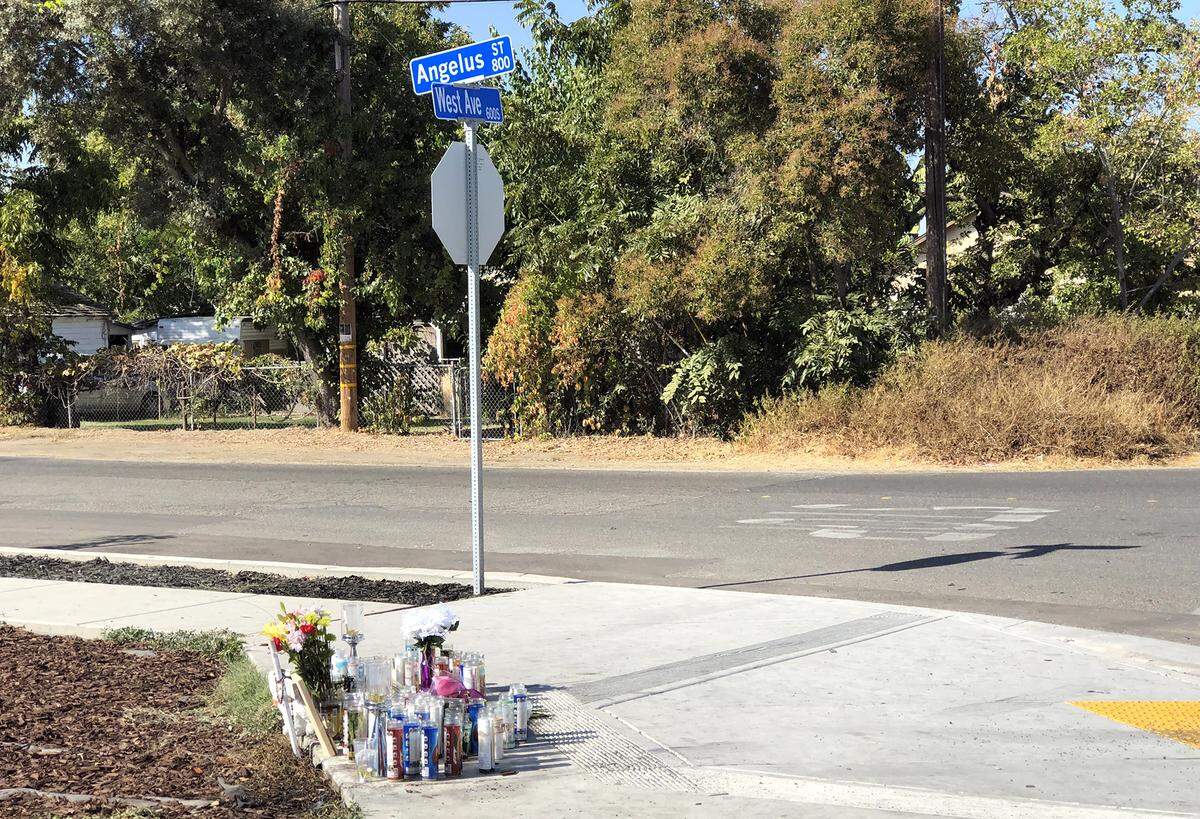 A memorial for Thaily Gutierrez is pictured at Angelus street and West avenue on Tuesday October 15, 2019 in Turlock, Calif. Gutierrez, a high school teen died in a car accident this past Saturday at the intersection.