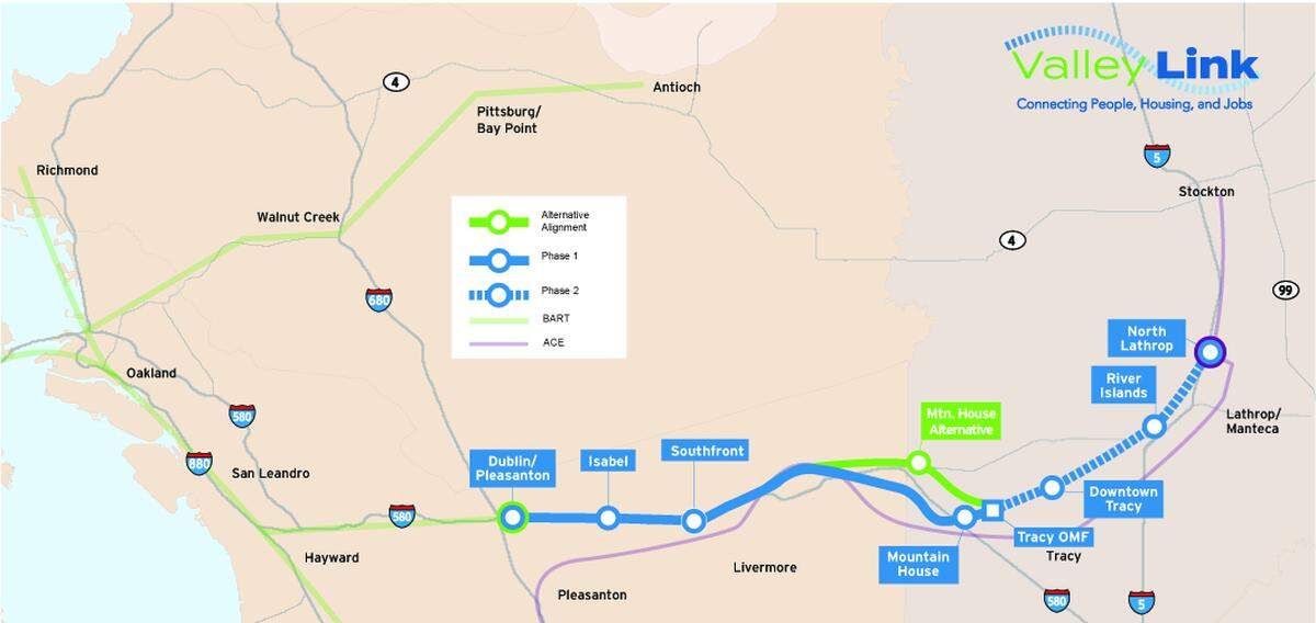 A map shows how Valley Link would connect with BART and the Altamont Corridor Express. The portion of the route near Mountain House has two options.