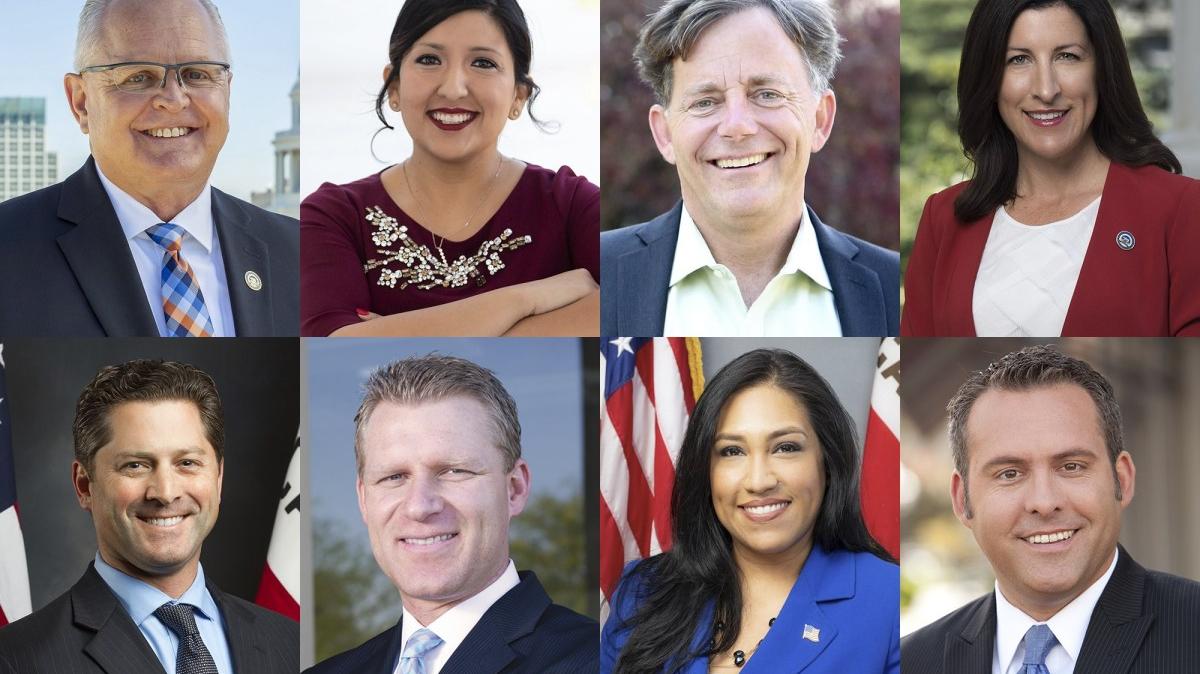 Clockwise from top left: Assemblymember Tom Lackey, Sen. Melissa Hurtado, Sen. Josh Newman, Assemblymember Cottie Petrie-Norris, Assemblymember Adam Gray, Assemblymember Suzette Valladares, Assemblymember Chad Mayes and Assemblymember Jordan Cunningham.