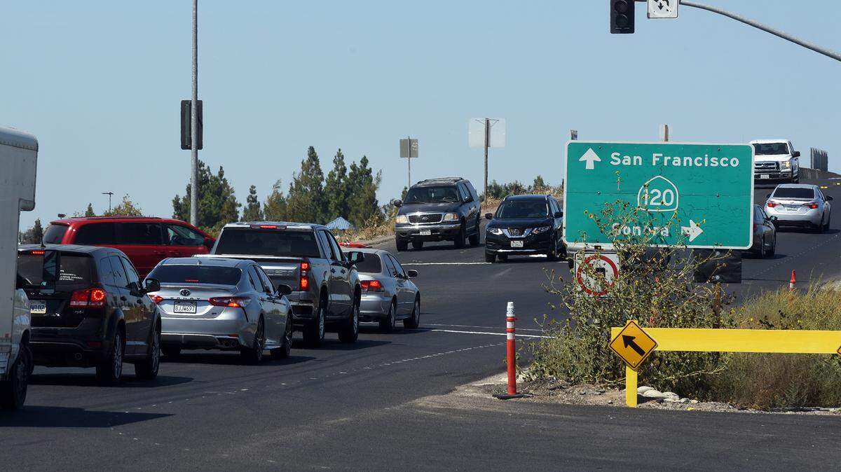 Traffic is pictured on the Airport way overpass near Highway 120 in Manteca, Calif. on Thursday afternoon August 22, 2019.