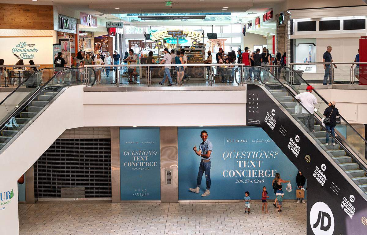 Former site of H&M clothing store, below, at Vintage Faire Mall in Modesto, Calif., on Tuesday, August 2, 2022.