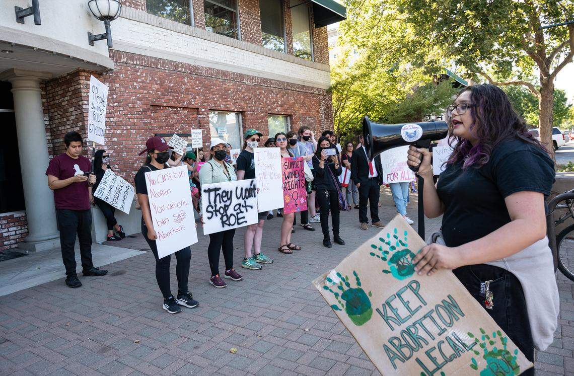 Pitman High graduate and rally organizer Veah Vega speaks during an abortion rights rally outside Turlock City Hall in Turlock, Calif., on Tuesday, June, 28, 2022.