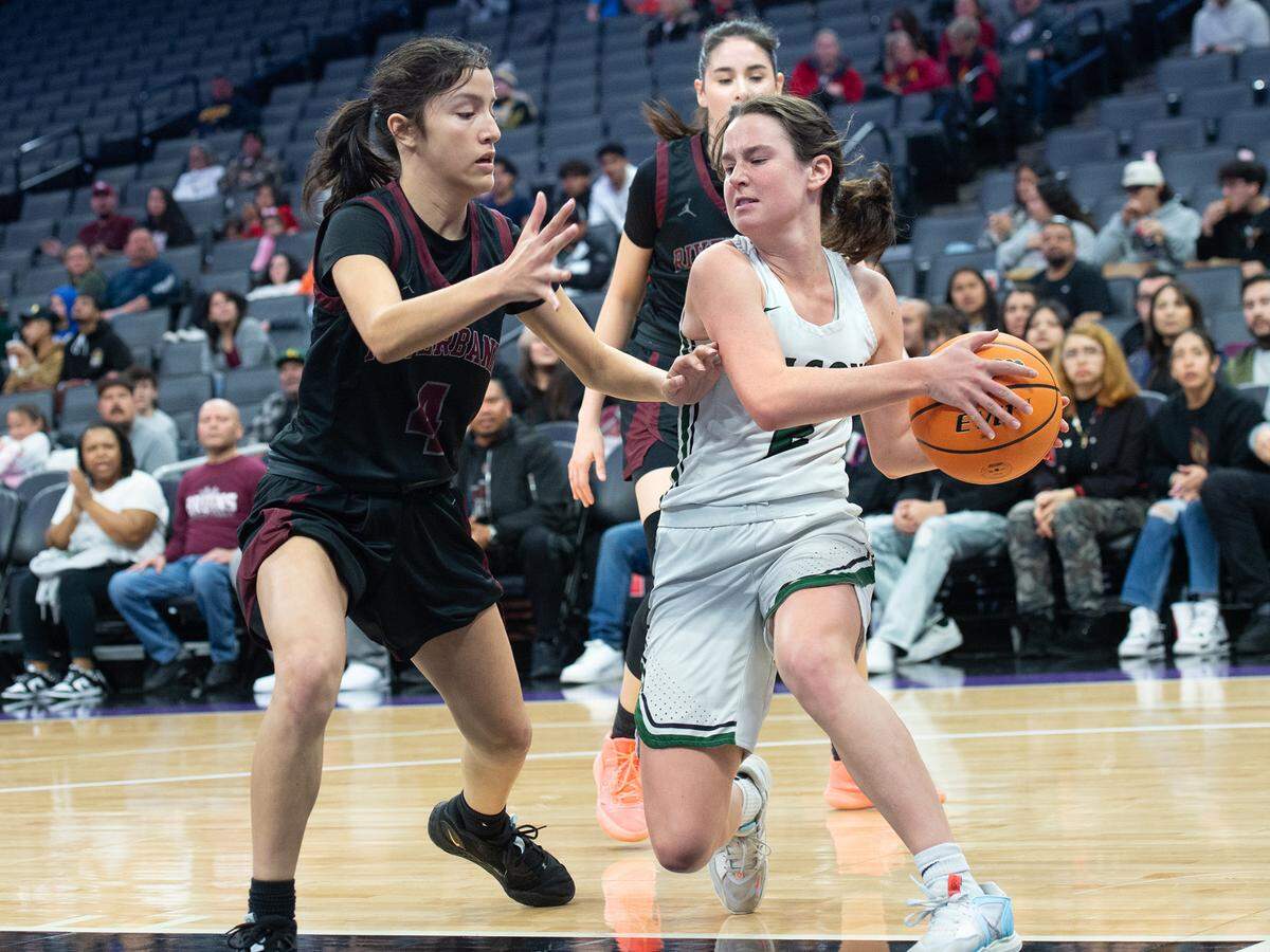 Riverbank’s Alexis Felix, left, pressures Colfax’s Jade Biittner during the Sac-Joaquin Section Division IV championship game at Golden 1 Center in Sacramento, Calif., Friday, Feb. 24, 2023.