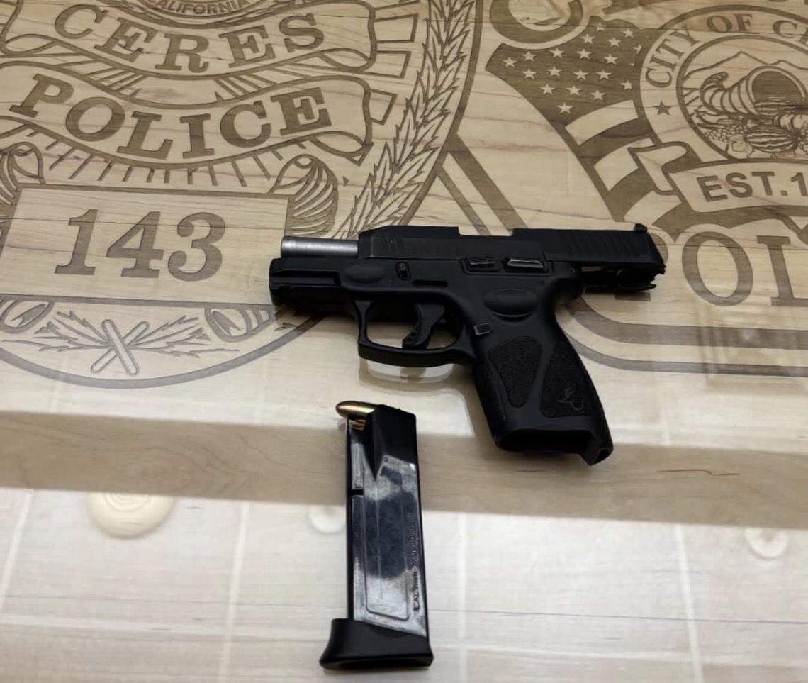 A loaded handgun and magazine recovered by Ceres police during an arrest April 25, 2026, near Don Pedro Park in Ceres.